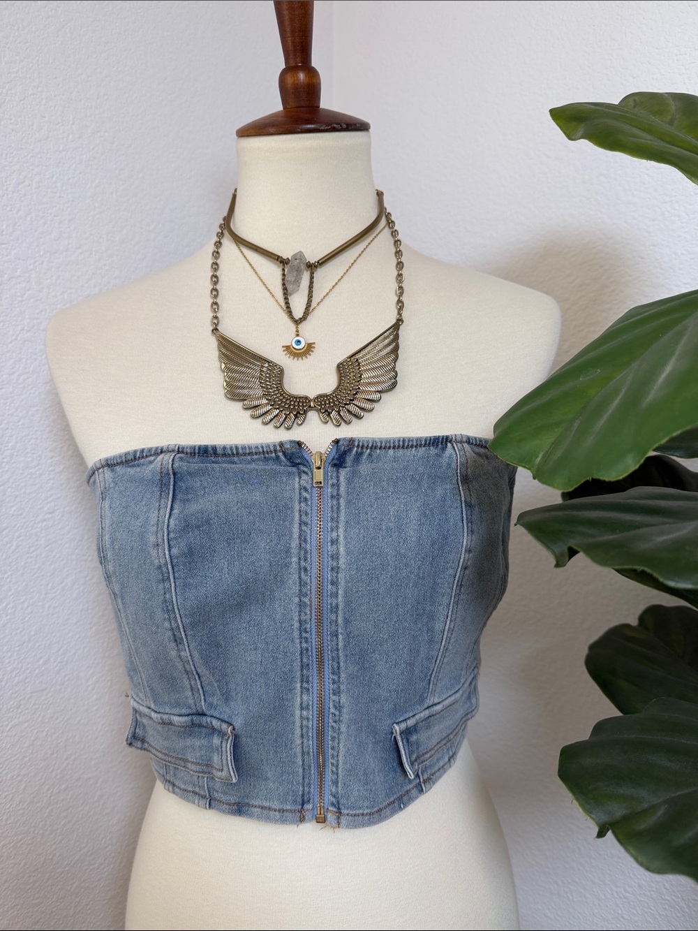 Light Wash Denim Strapless Corset Top - Picture 4 of 10